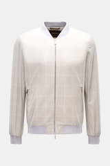 Front view of Moorer Blouson 'Sorano' light grey/beige/cream checked, a slim fit classic blouson with a two-way zip, zip front pockets, elastic hem and cuffs, soft jersey lining, and two inside pockets made of pure cotton with a soft feel and distinctive 