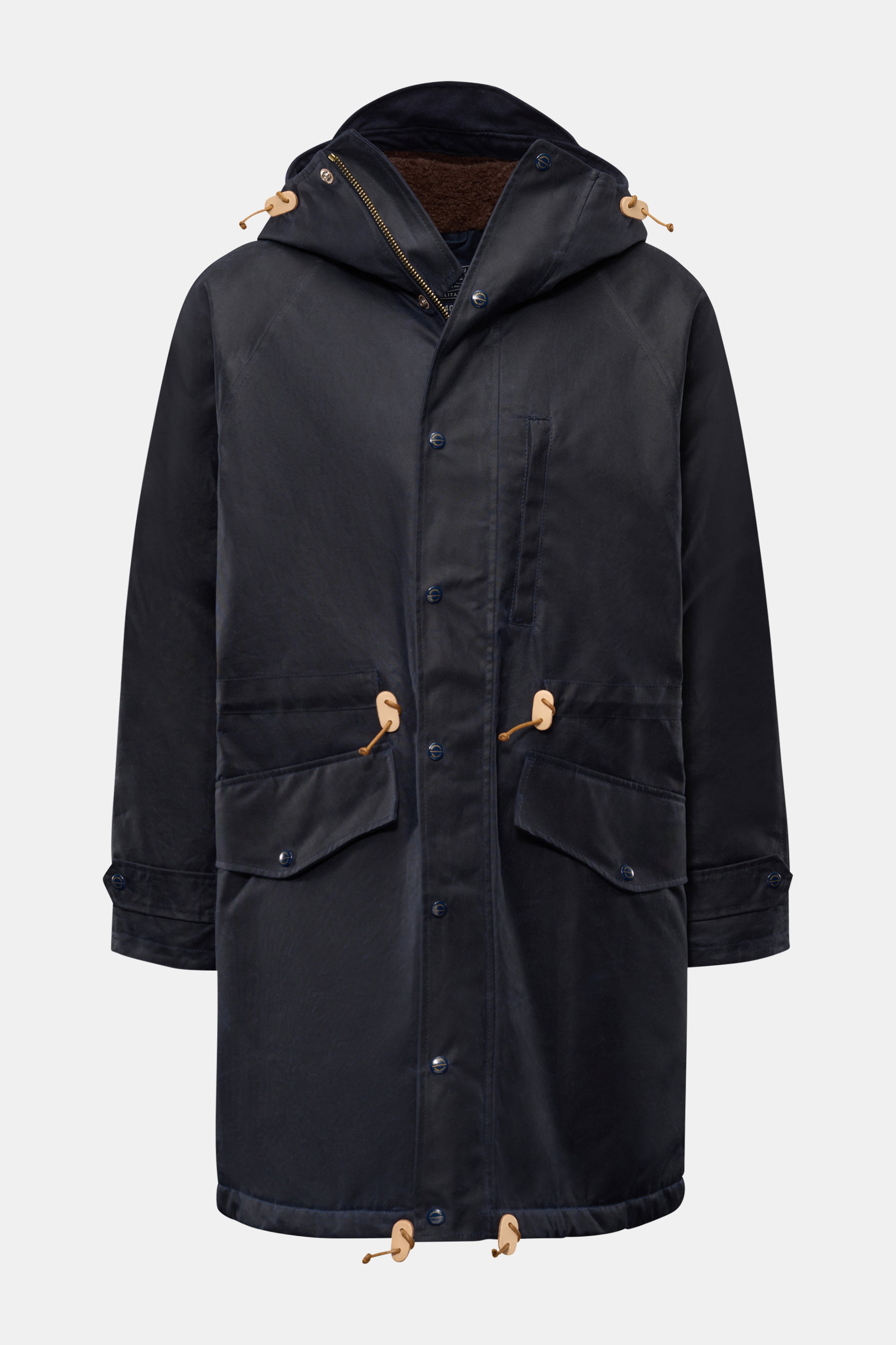 Manifattura Ceccarelli Wachsparka 'Mountain' navy, frontale Ansicht, gewachste Baumwolle, wattiert mit Wolle, Kapuze, Raglanärmel, Brust- und Hüfttaschen, winddicht, wasserabweisend, Regular Fit.