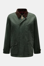 Front view of the Manifattura Ceccarelli Waxed jacket 'Raincaban' dark green, featuring waxed, water repellent cotton, corduroy collar, patch and hand-warmer pockets, raglan sleeves, slim fit, and tartan lining.