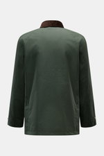 Manifattura Ceccarelli Waxed jacket 'Raincaban' dark green shown from the back, featuring waxed cotton, water repellent fabric, slim fit, corduroy collar trim, storm flap with buttons, raglan sleeves, and robust two-way zip.