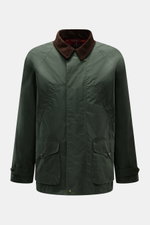 Manifattura Ceccarelli Waxed jacket 'Raincaban' dark green shown from the front, featuring waxed cotton, water repellent, breathable fabric with slim fit, two-way zip, storm flap with buttons, corduroy turn-down collar, hand-warmer pockets, patch flap poc