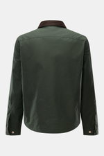 Rückansicht der dunkelgrünen Manifattura Ceccarelli Wachsjacke 'Heavy Shirt' aus gewachster, wasserabweisender Baumwolle mit Cordkragen.