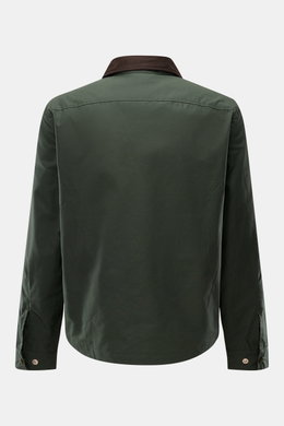 Rückansicht der dunkelgrünen Manifattura Ceccarelli Wachsjacke 'Heavy Shirt' aus gewachster, wasserabweisender Baumwolle mit Cordkragen.