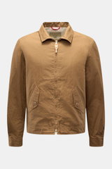 Frontansicht der braunen Manifattura Ceccarelli Wachsjacke 'Blazer Coat' aus gewachster, wasserabweisender Baumwolle mit Umlegekragen, Slim Fit und aufgesetzten Fronttaschen.