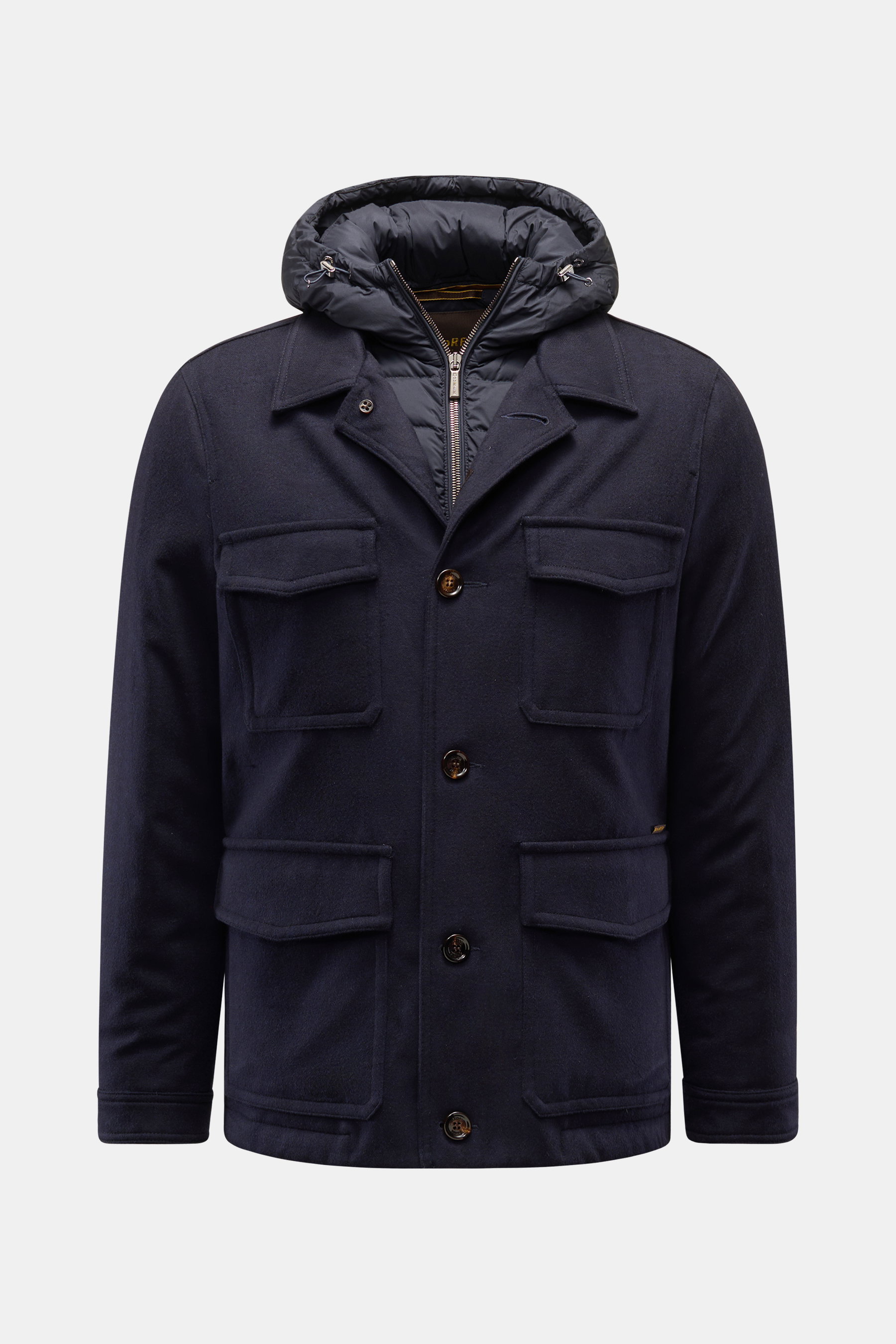 Moorer Daunenjacke 'Monti' navy, frontal fotografiert, mit wasserabweisendem Woll-Cashmere-Mix, Kapuze, Slim Fit, vier Taschen.
