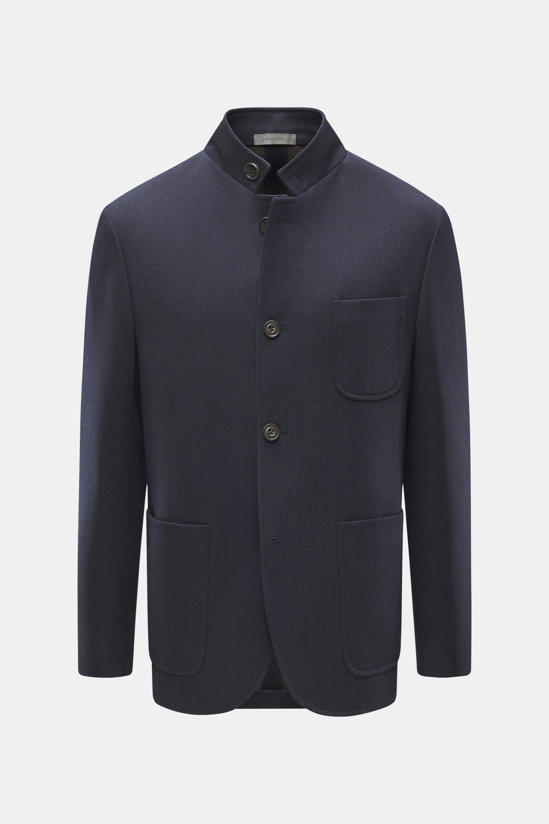 Front view of Corneliani Wool jacket navy in pure new wool with a textured feel, slim fit, stand-up collar with button, four-button placket, two-way zipper, patch chest and hip pockets, unconstructed design, and one inner pocket.