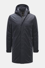Front view of Moorer Down coat 'Vermont' navy, slim fit with high collar zipper, detachable hood, water-repellent microfiber gabardine, warm down filling, wind flap with buttons, zipper and slanted welt pockets, sleeve cuffs with button tab, quilted linin