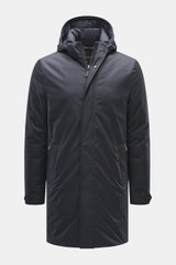 Front view of Moorer Down coat 'Vermont' navy, slim fit with high collar zipper, detachable hood, water-repellent microfiber gabardine, warm down filling, wind flap with buttons, zipper and slanted welt pockets, sleeve cuffs with button tab, quilted linin