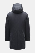 Rear view of Moorer Down coat 'Vermont' navy, slim fit with hood, high collar zipper, and water-repellent microfiber gabardine.

Description: <p>The perfect balance between function and exclusivity is once again realized by MOORER with the warm down coat 