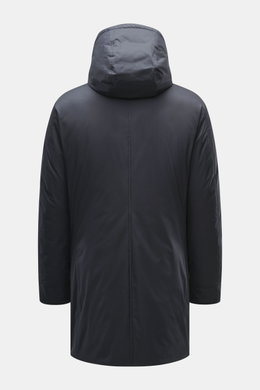 Rear view of Moorer Down coat 'Vermont' navy, slim fit with hood, high collar zipper, and water-repellent microfiber gabardine.

Description: <p>The perfect balance between function and exclusivity is once again realized by MOORER with the warm down coat 