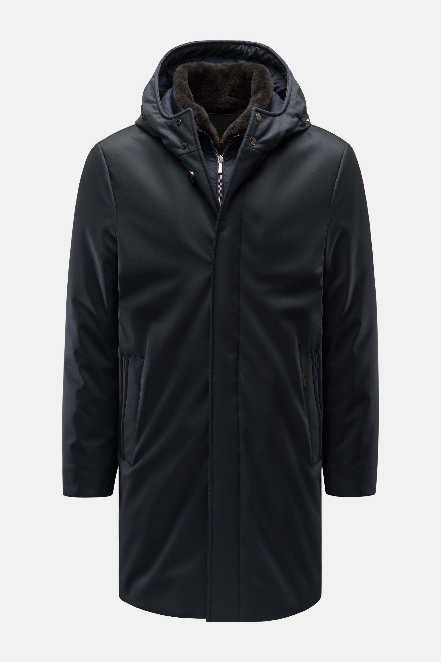 Front view of Moorer Down parka 'Vannes' dark navy with premium microfibre outer material, smooth feel, water repellent, warm down lining, detachable double front, collar with detachable shearling trim, slim fit, storm flap with concealed four-button plac
