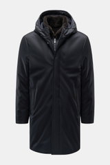 Front view of Moorer Down parka 'Vannes' dark navy with premium microfibre outer material, smooth feel, water repellent, warm down lining, detachable double front, collar with detachable shearling trim, slim fit, storm flap with concealed four-button plac