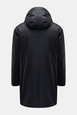 Moorer Down parka 'Vannes' dark navy shown from the back, slim fit with drawstring hood, water repellent microfibre, warm down lining, detachable shearling collar trim, storm flap with concealed buttons, slanted snap-button pockets, smooth lining, two ins