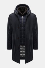 Moorer Down parka 'Vannes' dark navy shown from front, featuring outer microfibre, smooth feel, water repellent, warm down lining, detachable double front, collar with shearling trim, slim fit, storm flap with four-button placket, drawstring hood, slanted