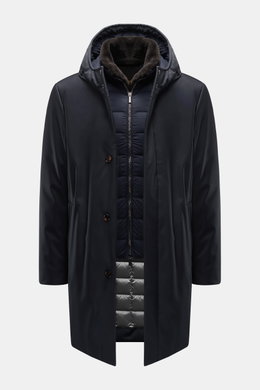 Moorer Down parka 'Vannes' dark navy shown from front, featuring outer microfibre, smooth feel, water repellent, warm down lining, detachable double front, collar with shearling trim, slim fit, storm flap with four-button placket, drawstring hood, slanted