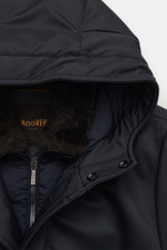 Close-up front view of the Moorer Down parka 'Vannes' dark navy, featuring outer material made of premium quality microfibre, smooth feel, water repellent, warm down lining, detachable double front, collar with detachable shearling trim, slim fit, storm f