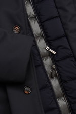 Close-up front view of the Moorer Down parka 'Vannes' dark navy showing premium microfibre, smooth feel, water repellent, warm down lining, detachable double front, shearling collar trim, slim fit, storm flap, drawstring hood, hand-warmer pockets, smooth 