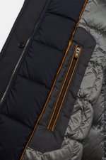 Close-up interior view of the Moorer Down parka 'Vannes' dark navy, showing premium microfibre outer material, smooth feel, water repellent, warm down lining, detachable double front, collar with detachable shearling trim, slim fit, storm flap with concea
