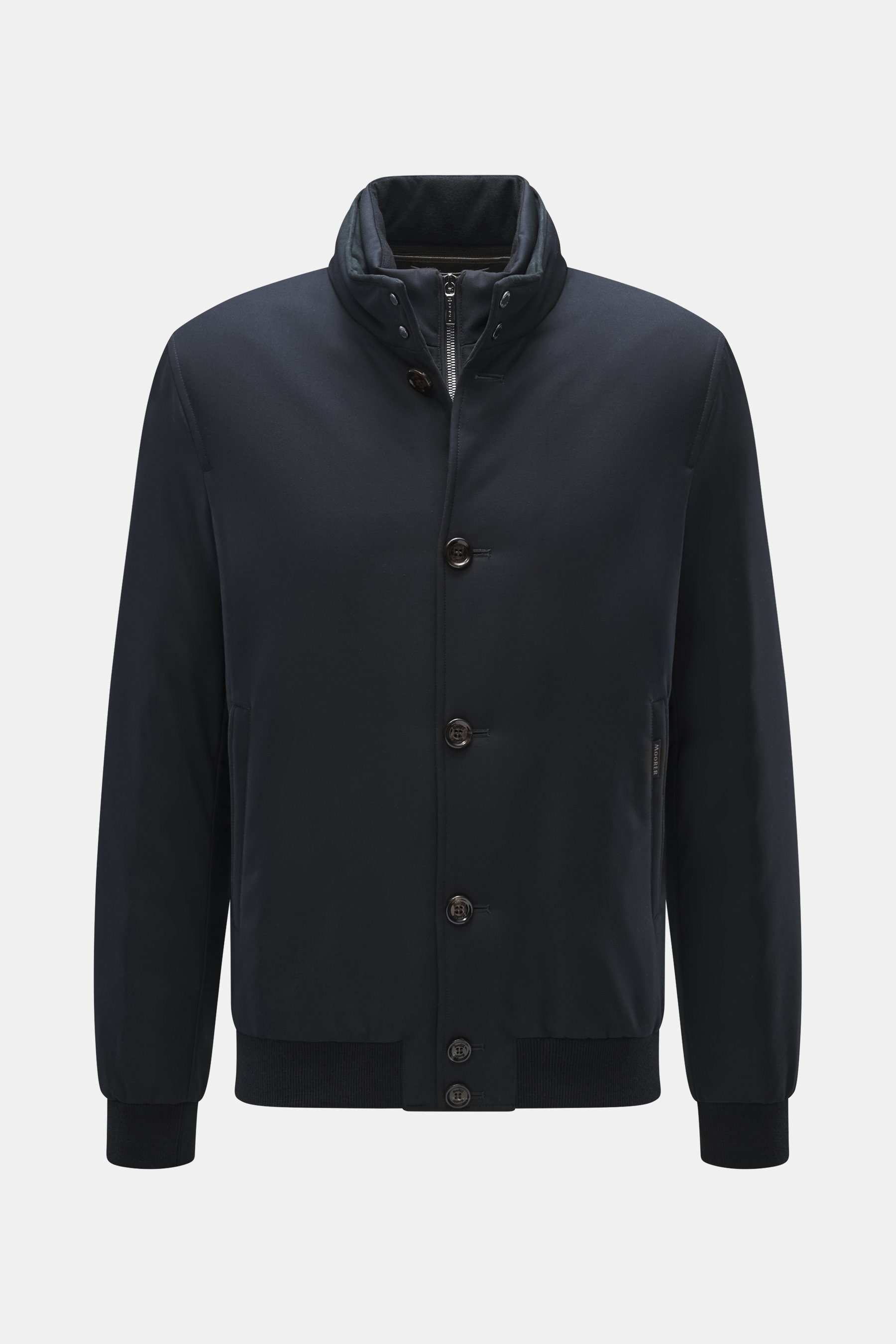 Moorer Down blouson 'Janos' navy front view, slim fit with high-quality microfibre, warm down lining, detachable double front, suede trim, standing collar with snap buttons, six-button placket, slanted zip pockets, ribbed bands, subtle MOORER label, ripst
