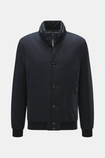 Moorer Down blouson 'Janos' navy front view, slim fit with high-quality microfibre, warm down lining, detachable double front, suede trim, standing collar with snap buttons, six-button placket, slanted zip pockets, ribbed bands, subtle MOORER label, ripst