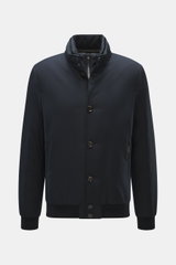 Moorer Down blouson 'Janos' navy front view, slim fit with high-quality microfibre, warm down lining, detachable double front, suede trim, standing collar with snap buttons, six-button placket, slanted zip pockets, ribbed bands, subtle MOORER label, ripst