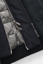 Close-up front view of Moorer Down blouson 'Janos' navy showing zippers, warm down lining, suede trim, and ribbed bands.

Description: <p>The down blouson 'Janos' by MOORER perfectly combines functionality and timeless style. Made of high-quality microfib