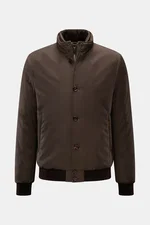 Front view of Moorer Down blouson 'Janos' dark brown jacket with standing collar, six-button placket, ribbed cuffs, and slanted zip pockets. 

Description: <p>The down blouson 'Janos' by MOORER perfectly combines functionality and timeless style. Made of 