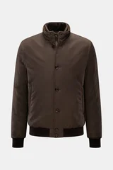 Front view of Moorer Down blouson 'Janos' dark brown jacket with standing collar, six-button placket, ribbed cuffs, and slanted zip pockets. 

Description: <p>The down blouson 'Janos' by MOORER perfectly combines functionality and timeless style. Made of 