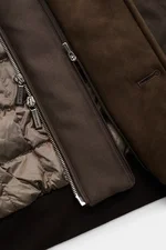 Close-up top-down view of the Moorer Down blouson 'Janos' dark brown showing zippers, suede trim, ribbed bands, and quilted lining.

<p>The down blouson 'Janos' by MOORER perfectly combines functionality and timeless style. Made of high-quality microfibre