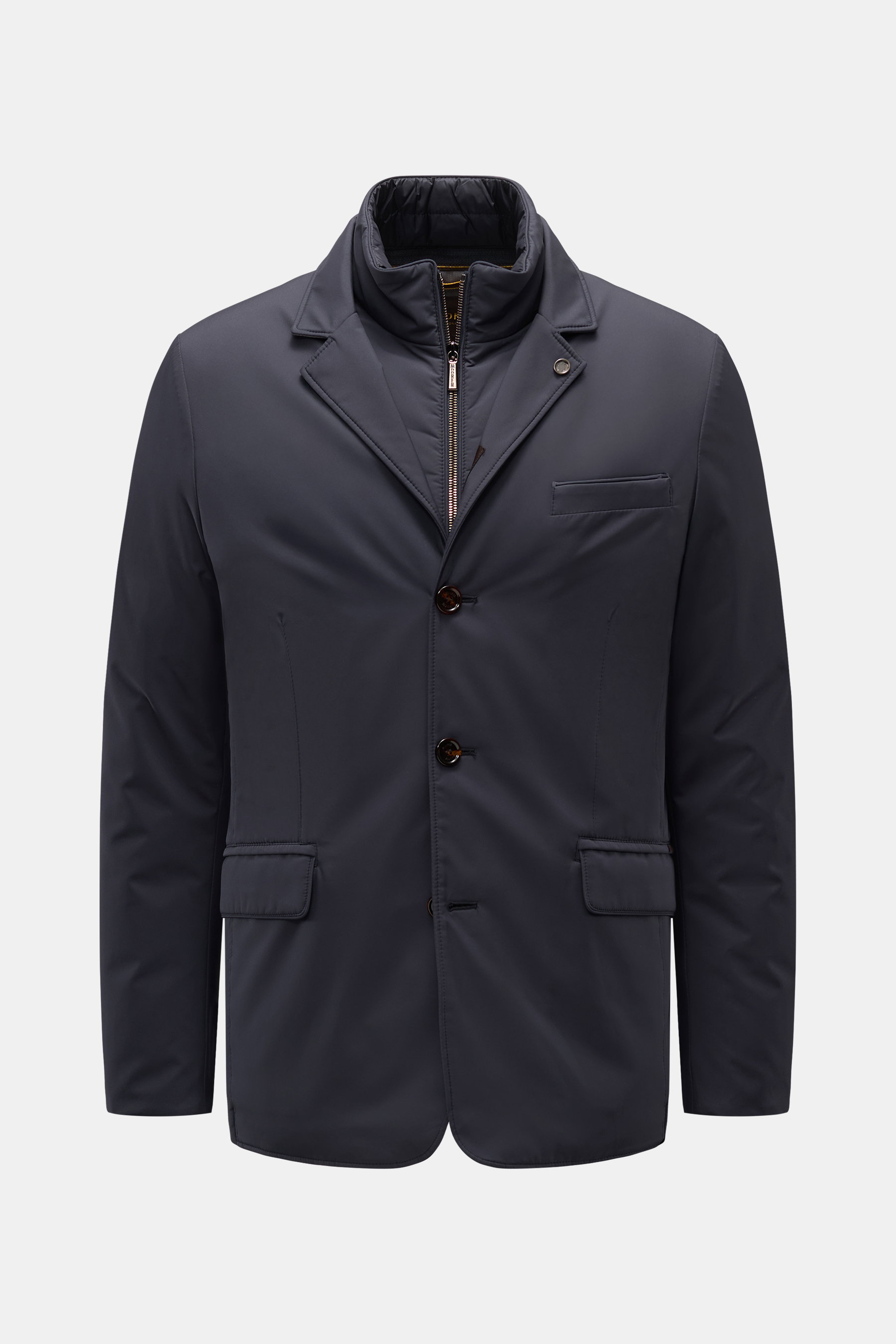 Front view of Moorer Jacket 'Nobile' navy, a slim fit water repellent coat with stretchy microfibre, double-front two-way zip, adjustable collar, three-button style, hip pockets with flap, centre back vent with snap buttons, smooth lining, and two inside 