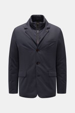 Front view of Moorer Jacket 'Nobile' navy, a slim fit water repellent coat with stretchy microfibre, double-front two-way zip, adjustable collar, three-button style, hip pockets with flap, centre back vent with snap buttons, smooth lining, and two inside 