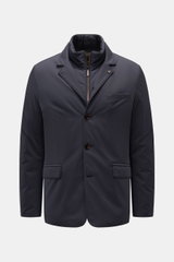 Front view of Moorer Jacket 'Nobile' navy, a slim fit water repellent coat with stretchy microfibre, double-front two-way zip, adjustable collar, three-button style, hip pockets with flap, centre back vent with snap buttons, smooth lining, and two inside 