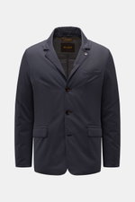 Front view of the Moorer Jacket 'Nobile' navy, a slim-fit, water repellent, stretchy microfiber jacket with double front, three-button style, adjustable collar, flap hip pockets, center back vent, smooth lining, and two inside pockets.