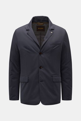 Front view of the Moorer Jacket 'Nobile' navy, a slim-fit, water repellent, stretchy microfiber jacket with double front, three-button style, adjustable collar, flap hip pockets, center back vent, smooth lining, and two inside pockets.