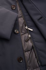 Close-up front view of the Moorer Jacket 'Nobile' navy showing water repellent stretchy microfiber fabric, smooth feel, double-front with two-way zip and three-button style, adjustable collar, and hip pockets with flap. <p>With its water repellent finish 