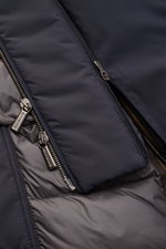 Close-up interior view of the Moorer Jacket 'Nobile' navy, showing smooth lining and branded zippers; water repellent, slim fit with double-front zip.