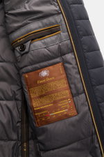 Close-up interior view of Moorer Jacket 'Nobile' navy showing smooth lining, inside pockets, button detail, and Finest Down label.

Description: <p>With its water repellent finish and clean look with double front, the jacket 'Nobile' by MOORER is the perf
