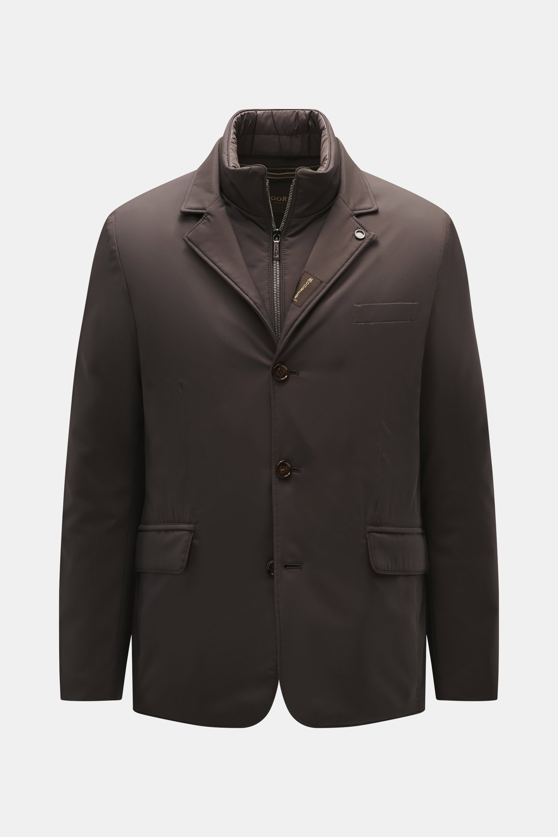 Front view of the Moorer Jacket 'Nobile' dark brown, a slim-fit, water repellent, stretchy microfiber city jacket with double front, three-button style, adjustable collar, flap hip pockets, center back vent, smooth lining, and two inside pockets.