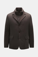 Front view of the Moorer Jacket 'Nobile' dark brown, a slim-fit, water repellent, stretchy microfiber city jacket with double front, three-button style, adjustable collar, flap hip pockets, center back vent, smooth lining, and two inside pockets.