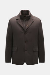 Front view of the Moorer Jacket 'Nobile' dark brown, a slim-fit, water repellent, stretchy microfiber city jacket with double front, three-button style, adjustable collar, flap hip pockets, center back vent, smooth lining, and two inside pockets.