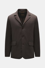 Moorer Jacket 'Nobile' dark brown shown from the front with three-button slim fit, adjustable collar, hip flap pockets, and double-front zip design. With its water repellent finish and clean look with double front, the jacket 'Nobile' by MOORER is the per