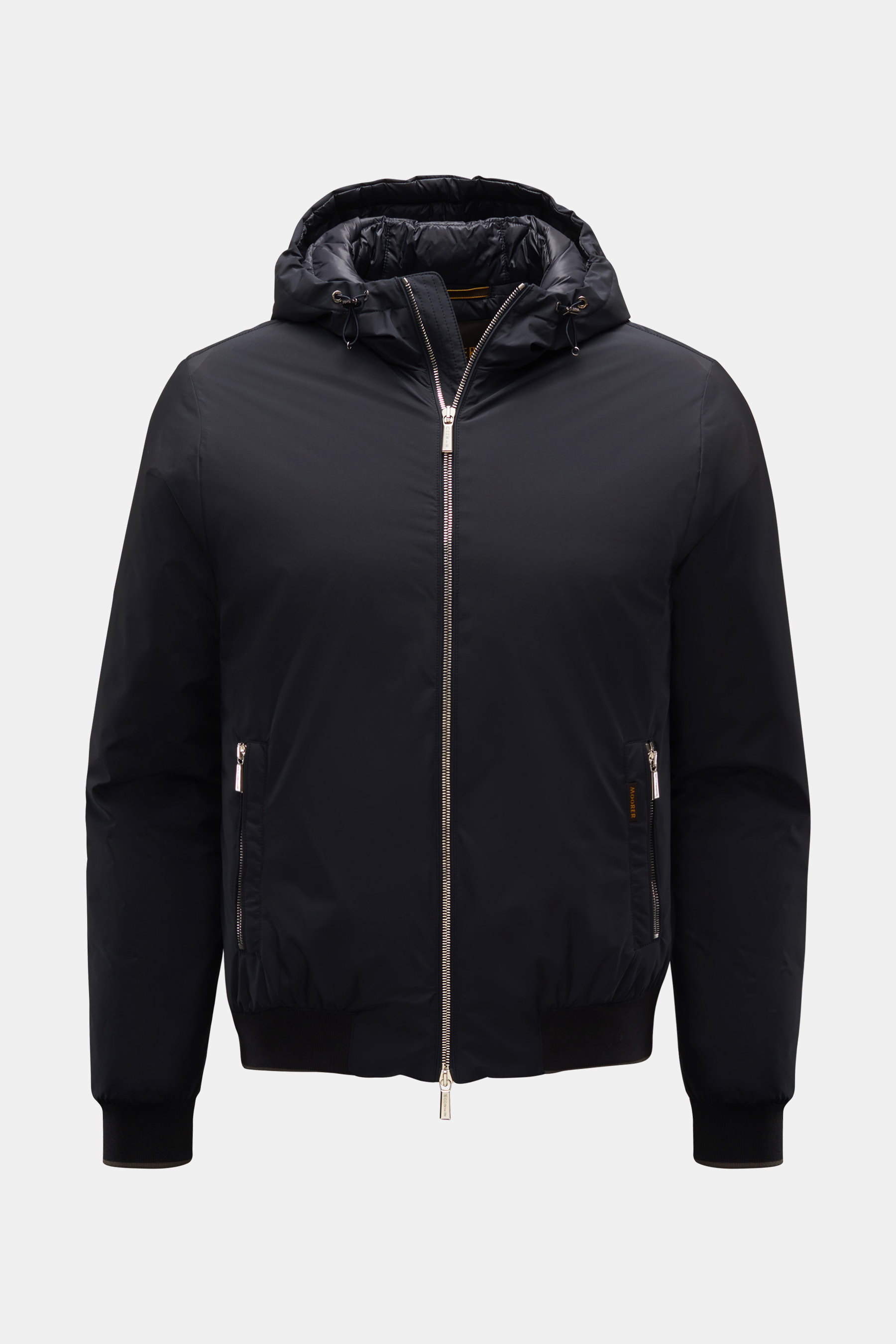 Front view of the Moorer Down blouson 'Oniro' navy, a slim-fit sporty jacket with lightweight down lining, water repellent fabric, two-way zip, drawstring hood, zip front pockets, ribbed bands with contrasting borders, quilted lining, and two inside pocke