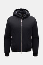 Front view of the Moorer Down blouson 'Oniro' navy, a slim-fit sporty jacket with lightweight down lining, water repellent fabric, two-way zip, drawstring hood, zip front pockets, ribbed bands with contrasting borders, quilted lining, and two inside pocke