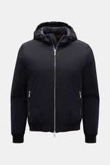 Front view of the Moorer Down blouson 'Oniro' navy, a slim-fit sporty jacket with lightweight down lining, water repellent fabric, two-way zip, drawstring hood, zip front pockets, ribbed bands with contrasting borders, quilted lining, and two inside pocke