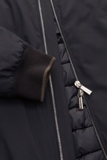 Close-up front view of the Moorer Down blouson 'Oniro' navy showing silver two-way zipper, ribbed cuff with contrasting border, and quilted lightweight down lining, high-quality microfiber, soft feel, water repellent, slim fit, drawstring hood, zip front 