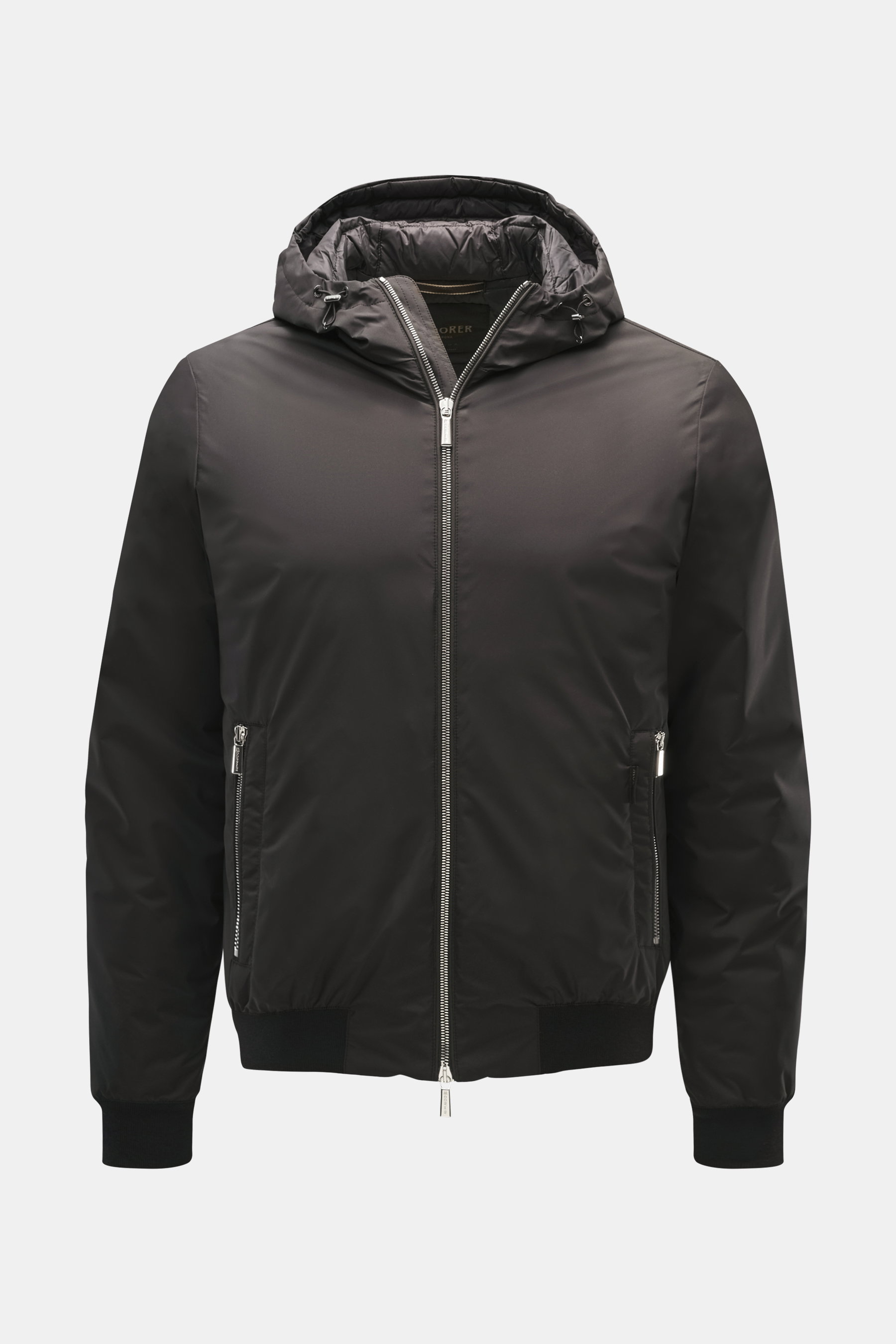 Front view of Moorer Down blouson 'Oniro' dark brown jacket with hood, two-way zipper, zipped pockets, ribbed cuffs, and slim fit, made with microfiber, light down filling, and water-repellent finish.