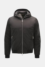 Front view of Moorer Down blouson 'Oniro' dark brown jacket with hood, two-way zipper, zipped pockets, ribbed cuffs, and slim fit, made with microfiber, light down filling, and water-repellent finish.