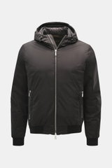 Front view of Moorer Down blouson 'Oniro' dark brown jacket with hood, two-way zipper, zipped pockets, ribbed cuffs, and slim fit, made with microfiber, light down filling, and water-repellent finish.