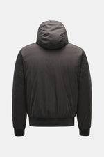 Moorer Down blouson 'Oniro' dark brown shown from the back, featuring soft microfiber, light down filling, water-repellent finish, hood with drawstring, ribbed cuffs, and quilted lining, designed for maximum functionality and ultra-light quality in a slim