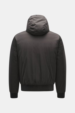 Moorer Down blouson 'Oniro' dark brown shown from the back, featuring soft microfiber, light down filling, water-repellent finish, hood with drawstring, ribbed cuffs, and quilted lining, designed for maximum functionality and ultra-light quality in a slim